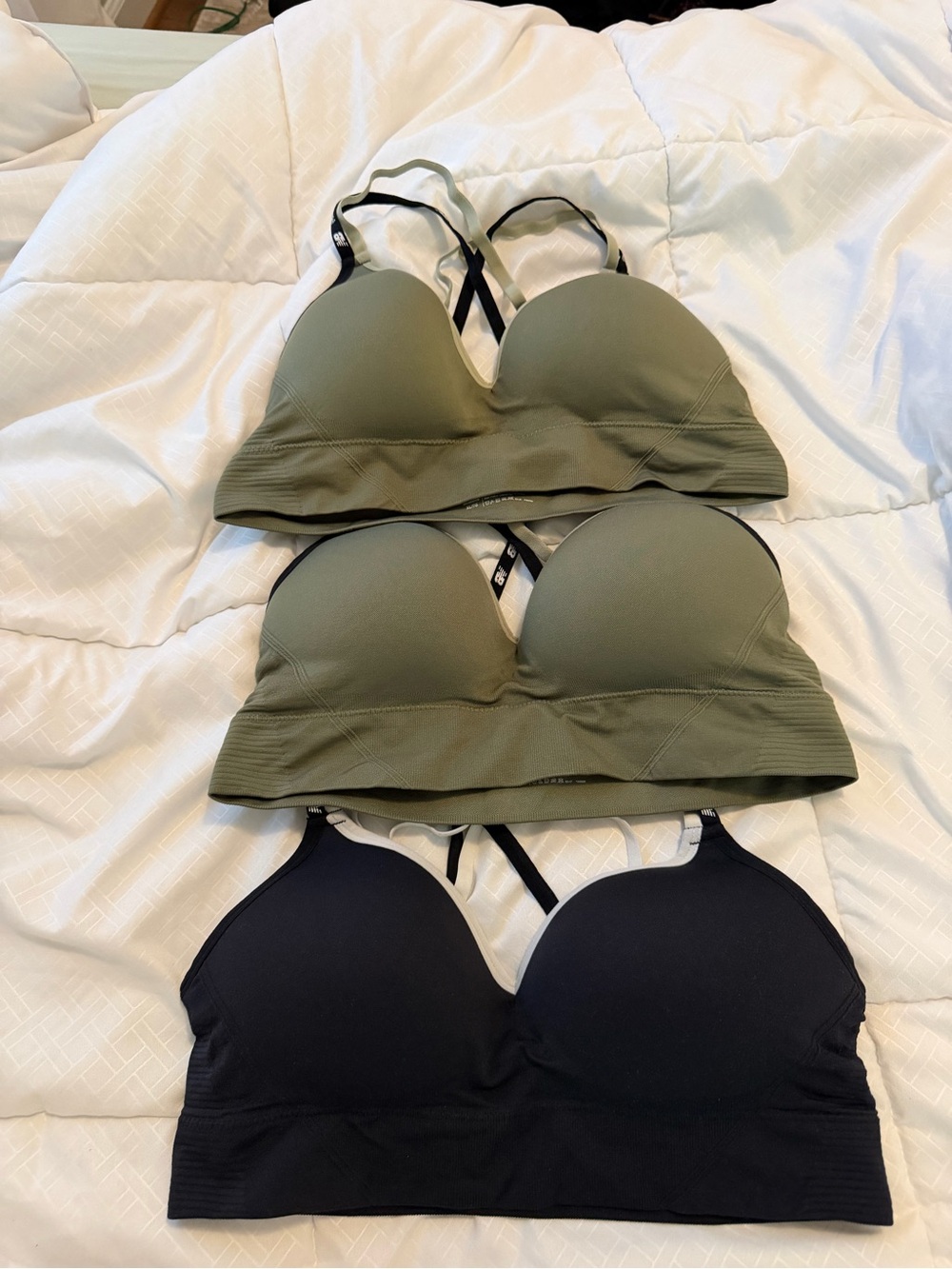 New Balance Padded Bralettes in Olive Green and Black